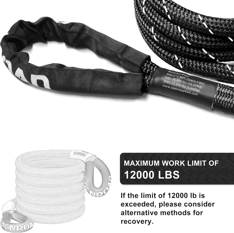 OPENROAD Kinetic Recovery Tow Rope, 4800 LBS (1in x 30ft with Soft Shackle) Extreme Duty 35% Elasticity Energy Offroad Snatch Strap, Vehicle Recovery Kit for Jeep Car Truck ATV UTV SUV - Image 4